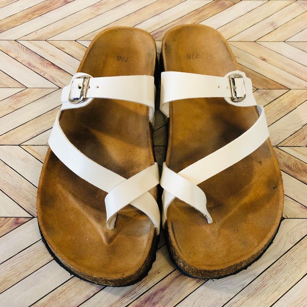 White Brown Toe Loop Strap Buckle Flat Sandals - image 3